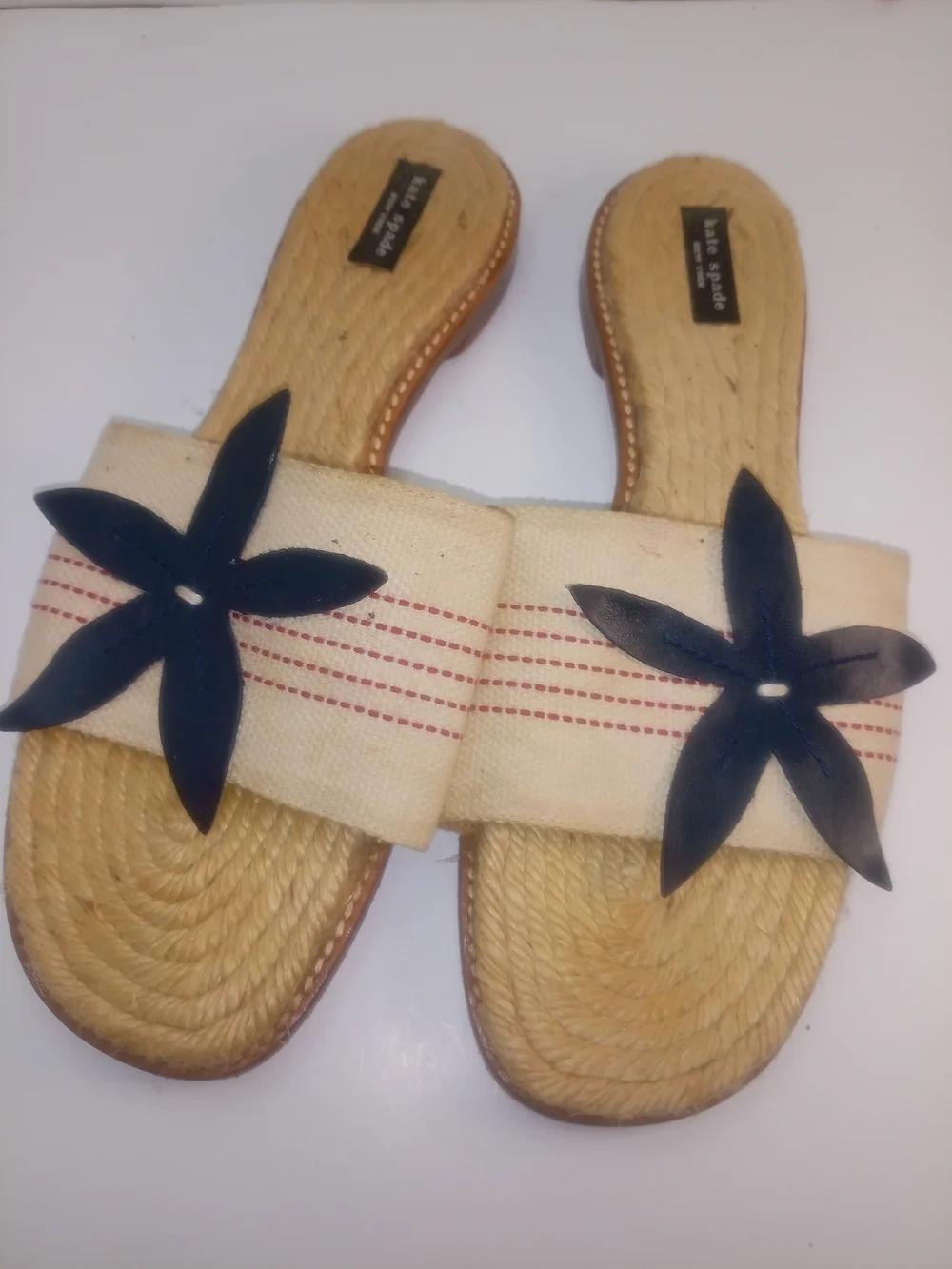 kate spade Natural Raffia Slide Sandals with Navy Floral Accent